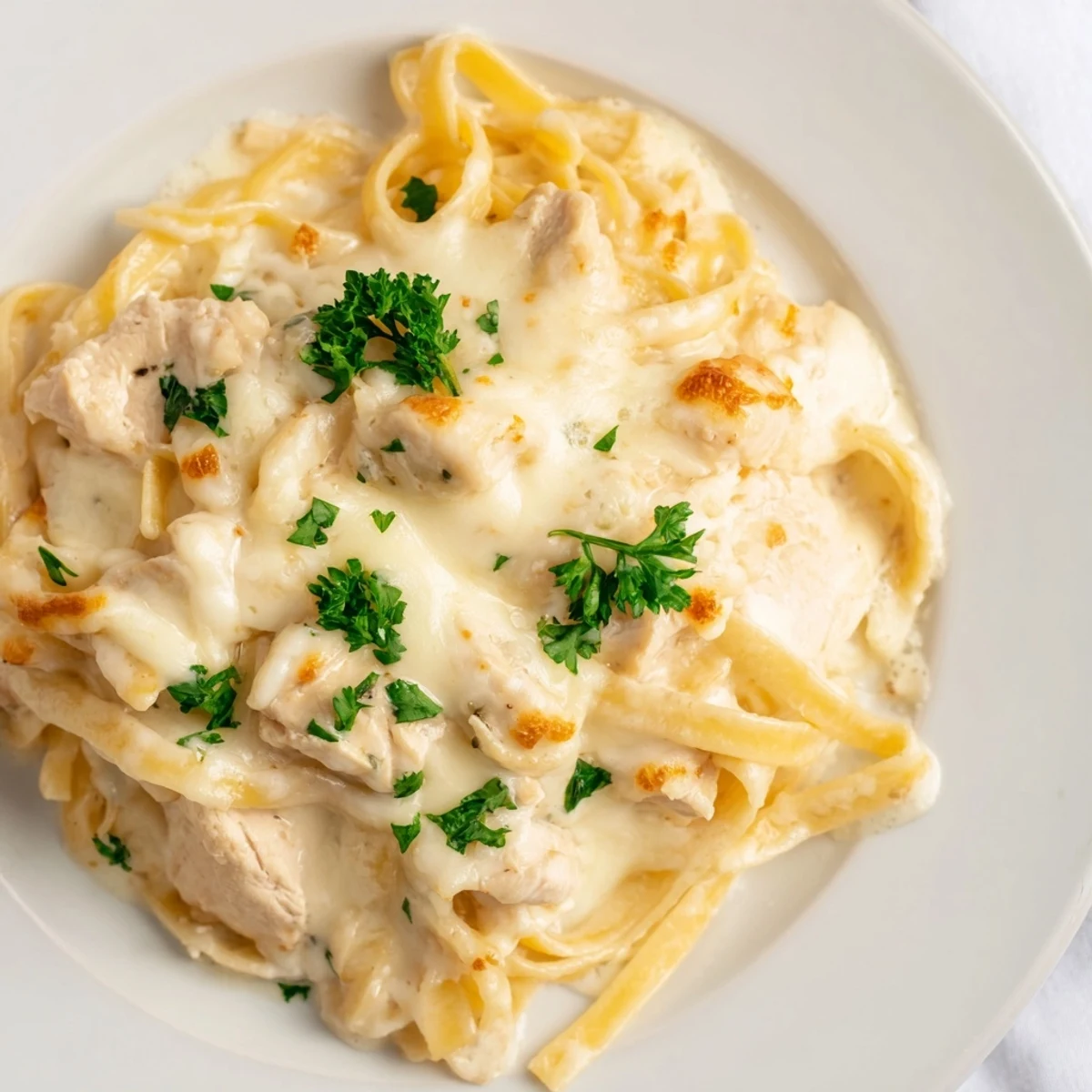 A baked Chicken Fettuccine Alfredo, bubbling golden brown with melted mozzarella and Parmesan covering the dish.