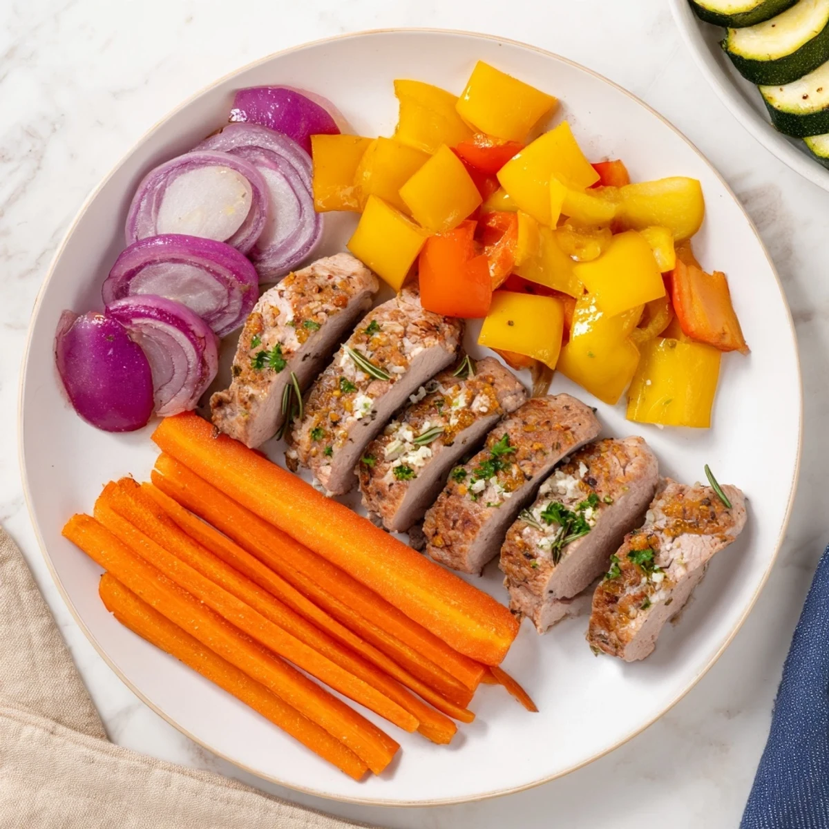 A juicy Roasted Garlic Pork Tenderloin with golden-brown vegetables, ready to be sliced and served for dinner.