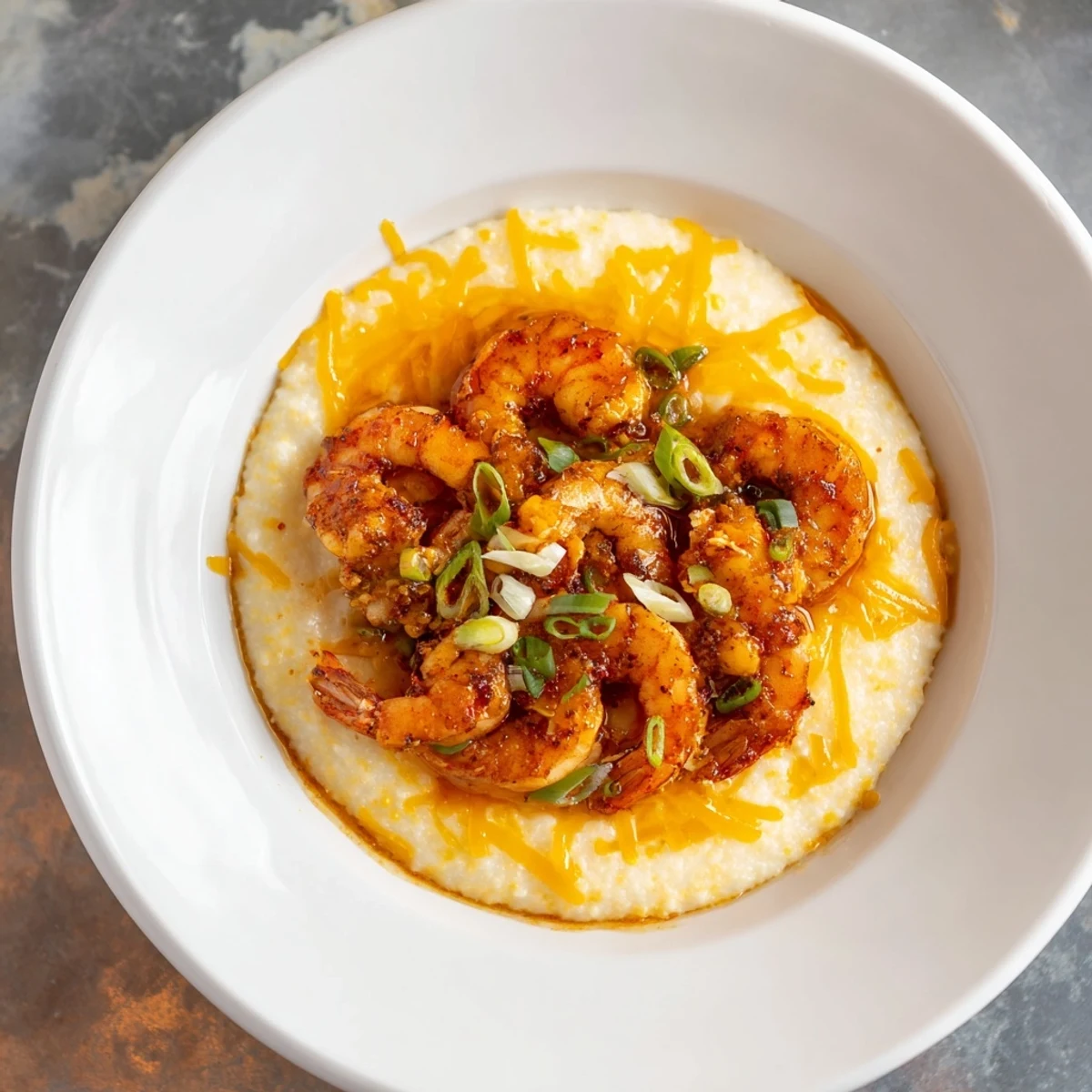 Sizzling Shrimp & Grits with garlic butter, a Southern comfort food classic ready to serve.