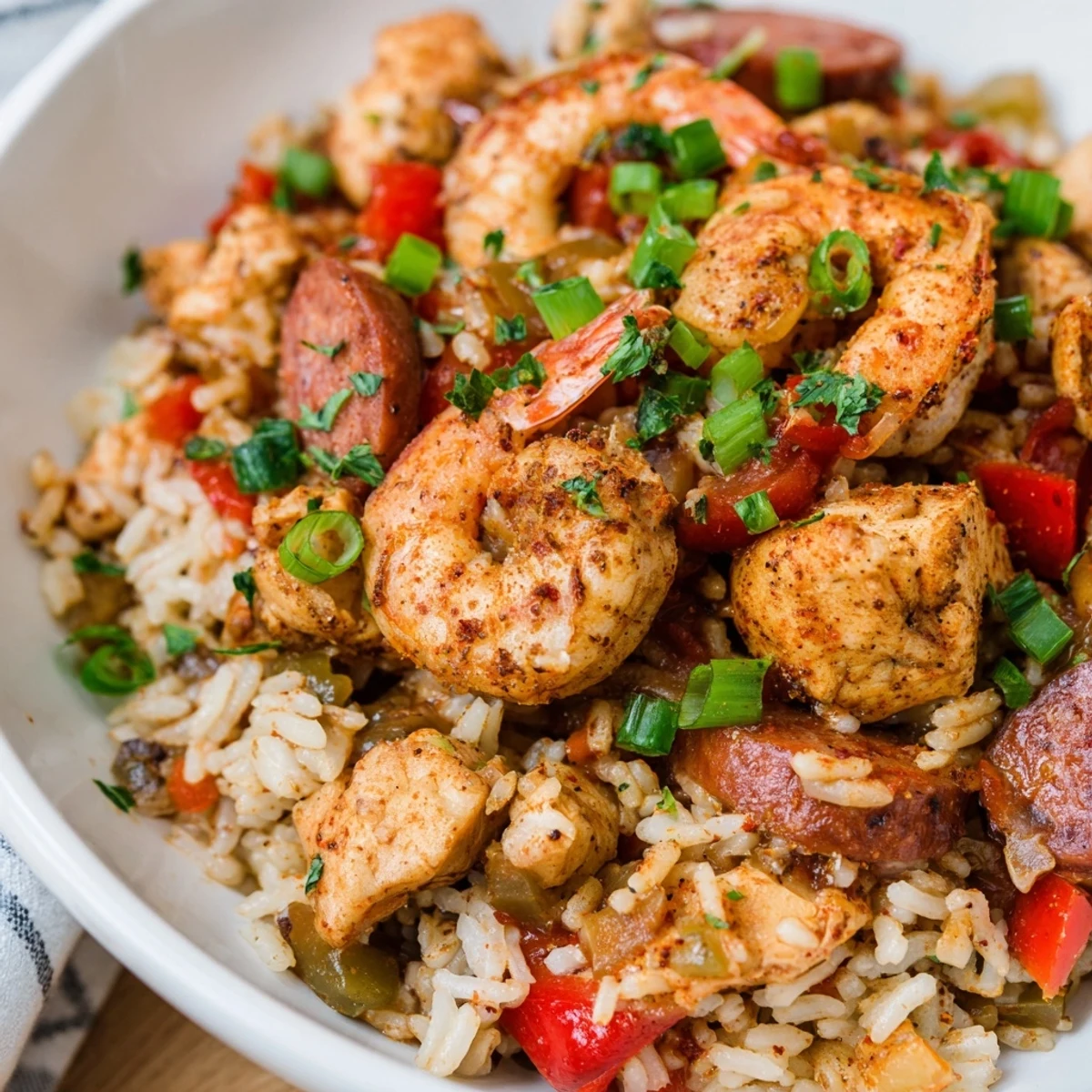 A close-up of a fully loaded Cajun Jambalaya Rice Bowl, rich with savory ingredients and spices.