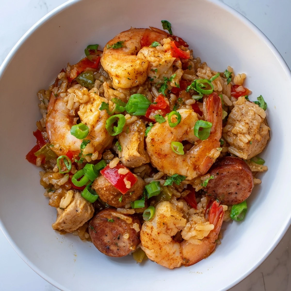 Steaming Cajun Jambalaya Rice Bowl, offering a delicious view of Southern rice and spiced meats.