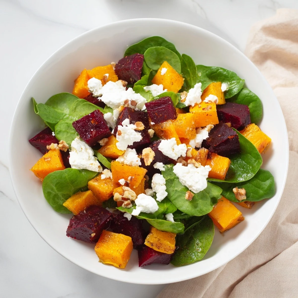 Vibrant Roasted Beet, Butternut & Spinach Salad, featuring creamy goat cheese and crunchy walnuts.