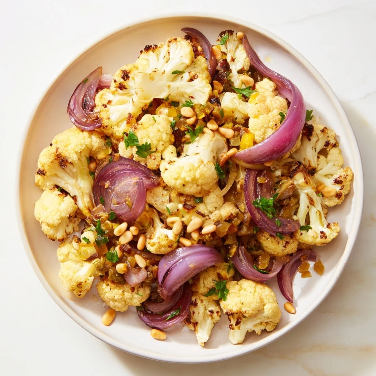 Freshly tossed Warm Roasted Cauliflower & Lemon Pine-Nut Dressing Salad, a Mediterranean delight perfect for lunch.