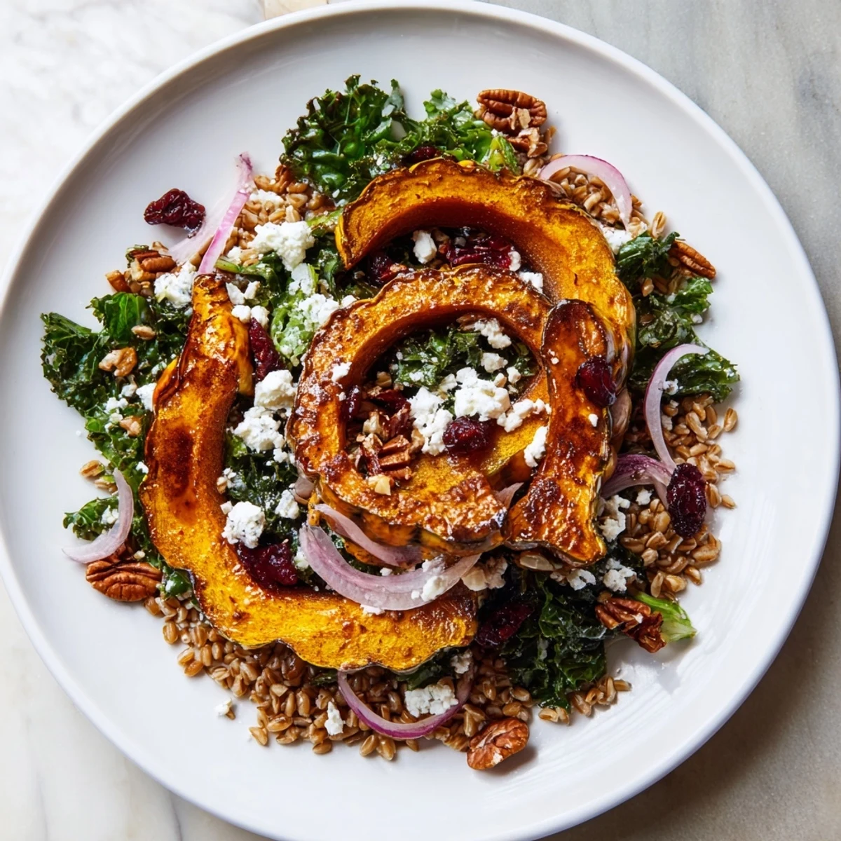 A colorful bowl of Farro & Mustard Green Salad with maple-roasted squash, ready to serve and enjoy.