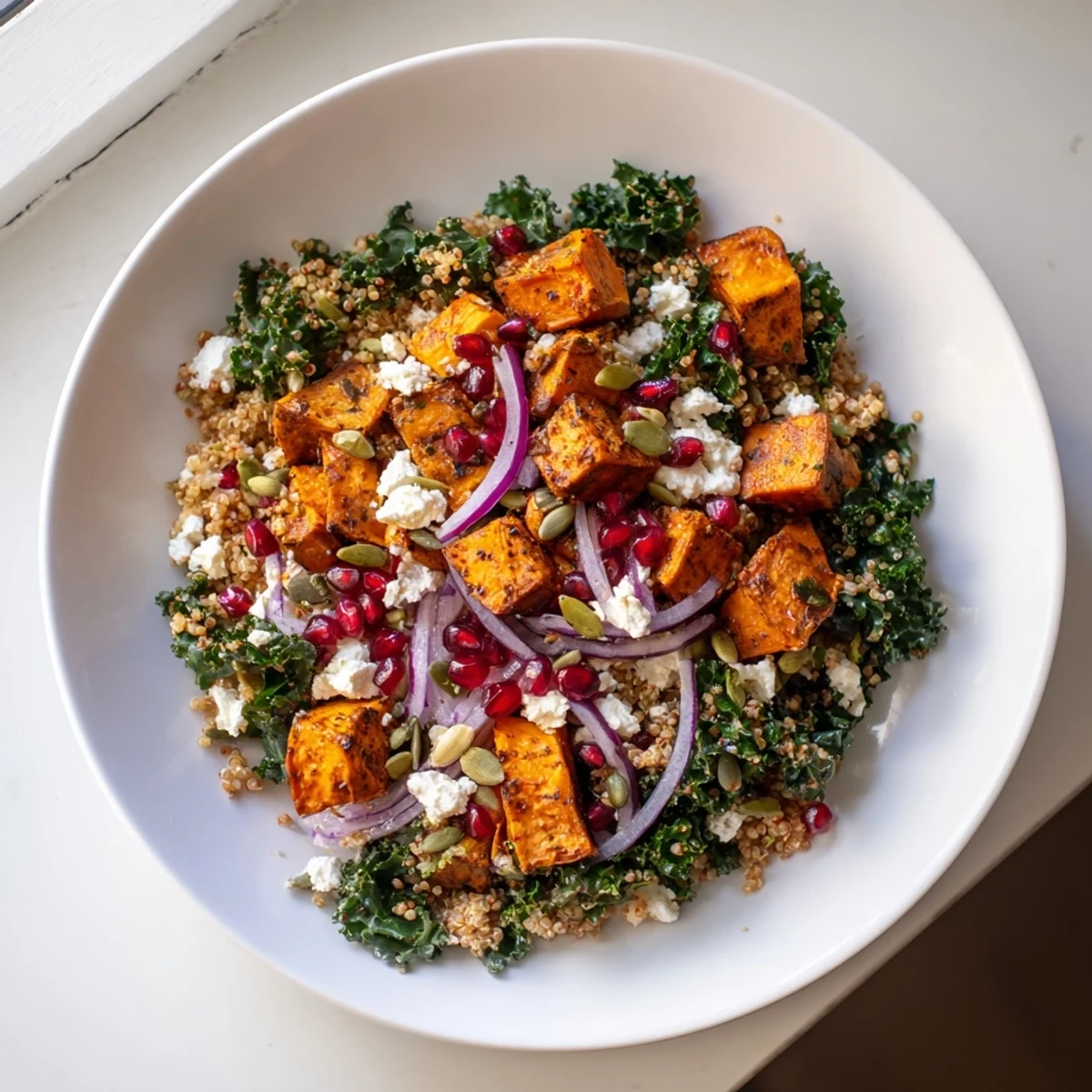 Freshly tossed Kale & Quinoa Salad with a tangy lemon dressing; a healthy and delicious meal.