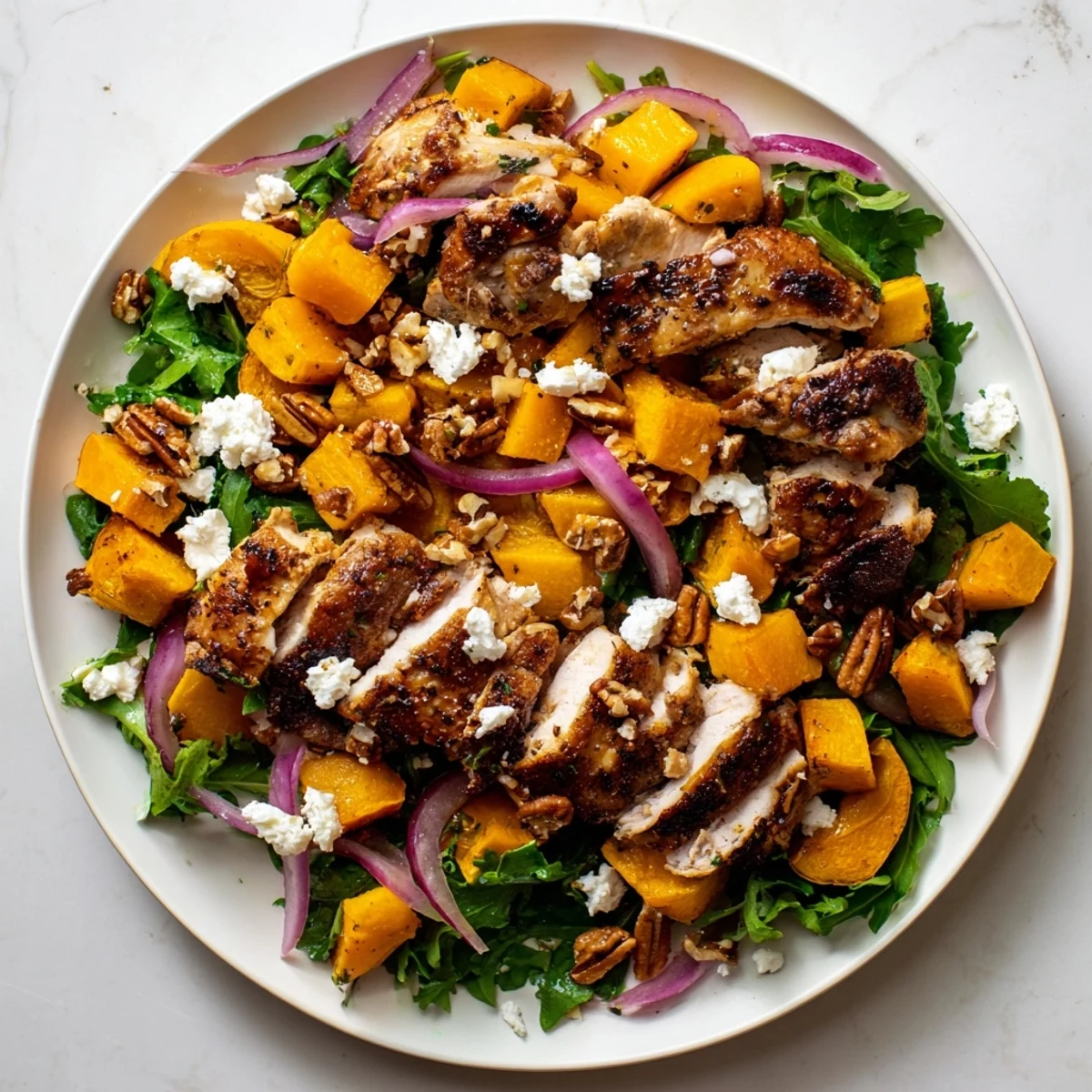 Juicy roasted chicken and caramelized winter squash in this vibrant Roasted Chicken Sheet-Pan Salad.