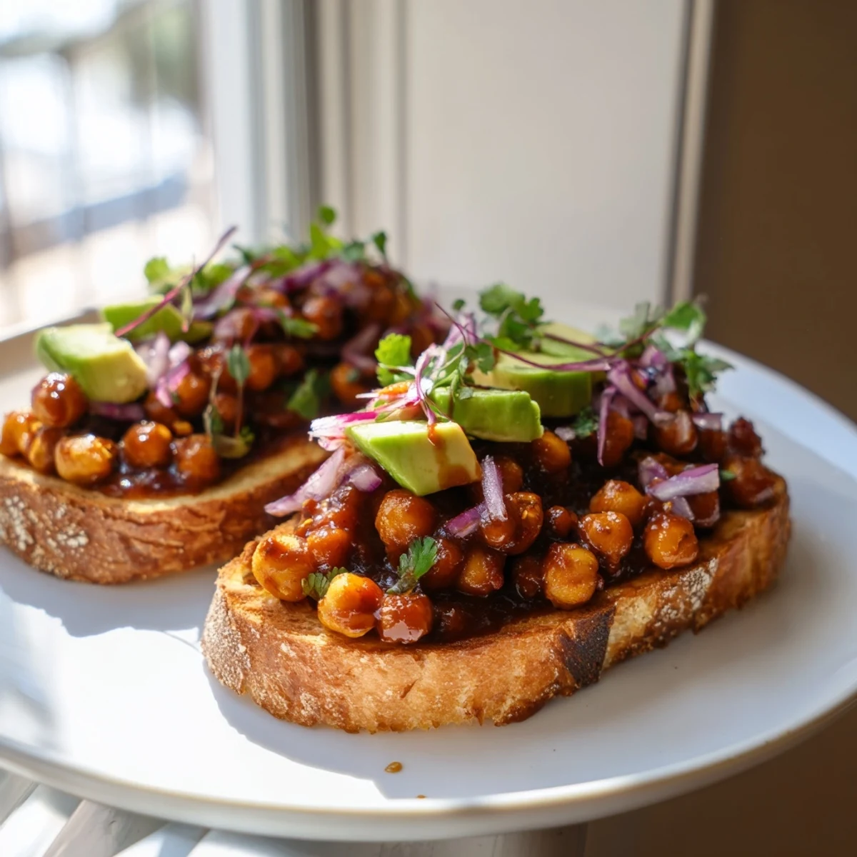 A plate of toasted bread topped with flavorful BBQ chickpeas, promising a delightful vegan meal.
