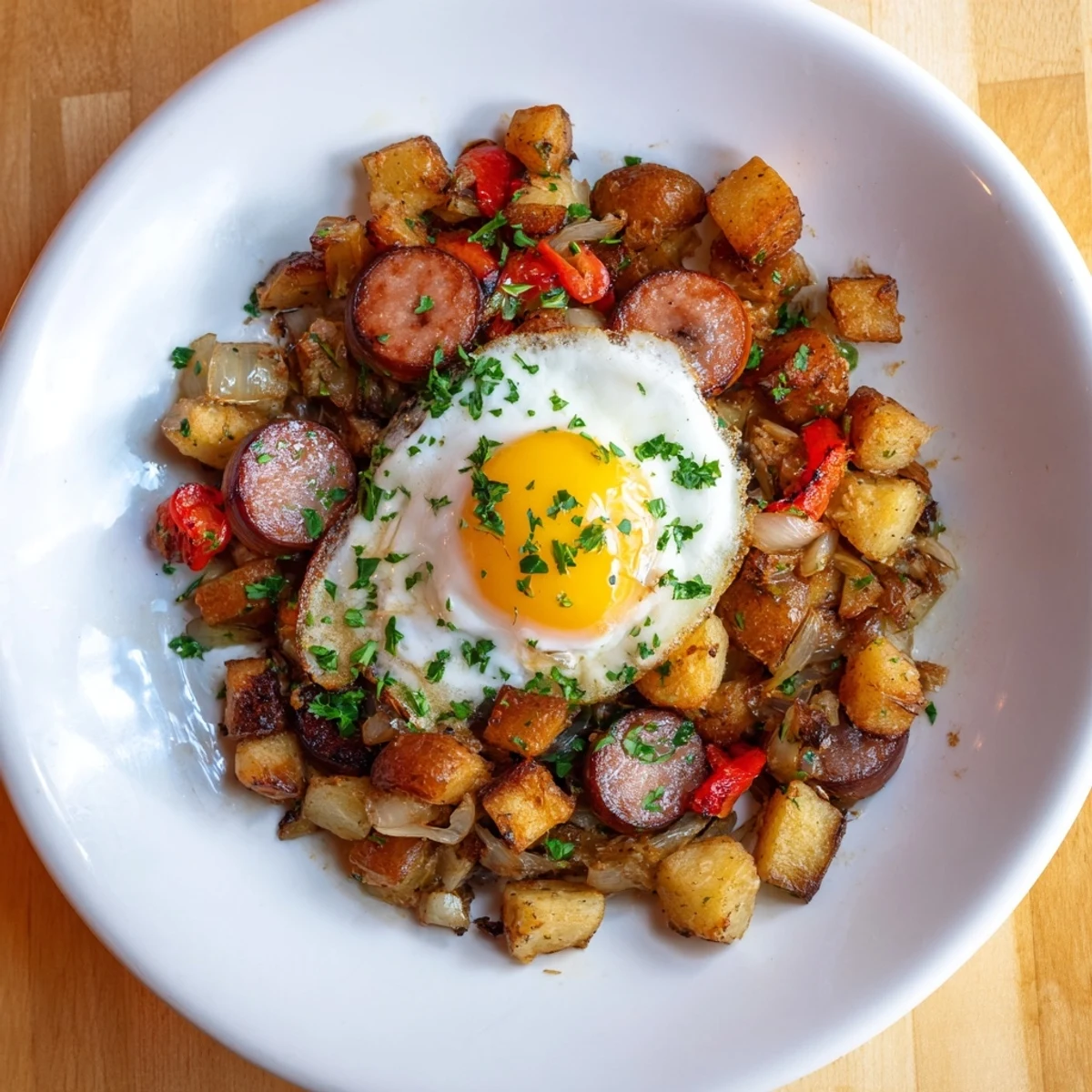 This image shows a beautifully cooked Egg & Potato Hash with sliced hot dogs; a comforting, hearty breakfast.