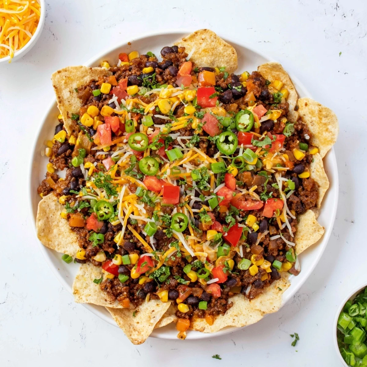 Golden, bubbly sheet-pan nachos with a generous pile of colorful toppings like fresh cilantro and salsa.