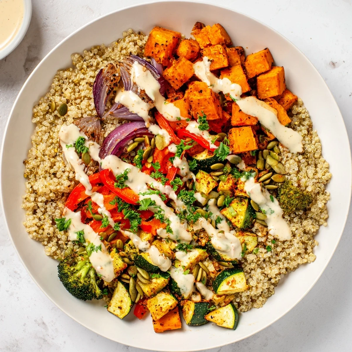 Steaming quinoa bowl with roasted vegetables, drizzled with lemon-tahini dressing for a flavorful bite.