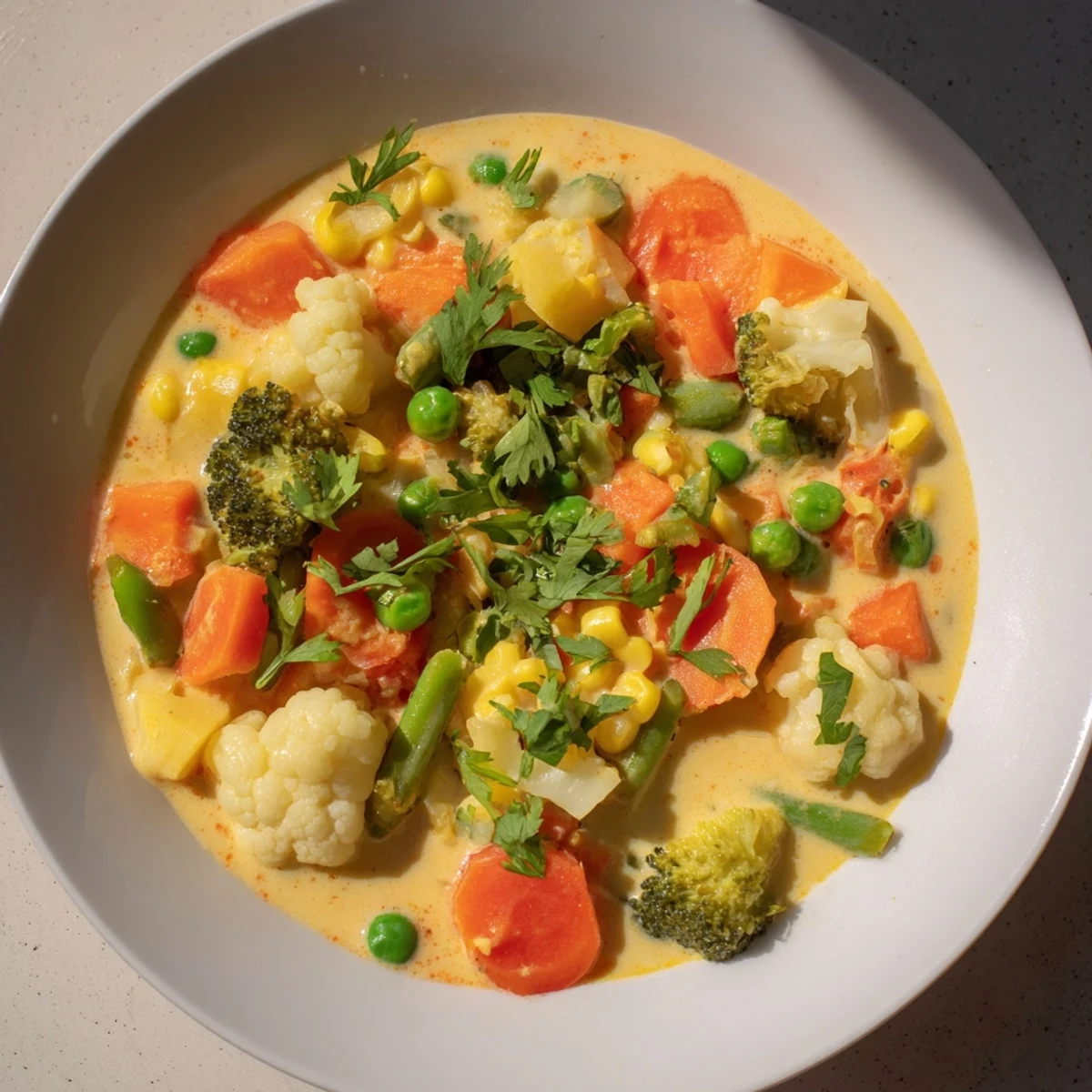 Deliciously creamy Veggie Coconut Curry with colorful vegetables, a flavorful vegan Indian-inspired dish.