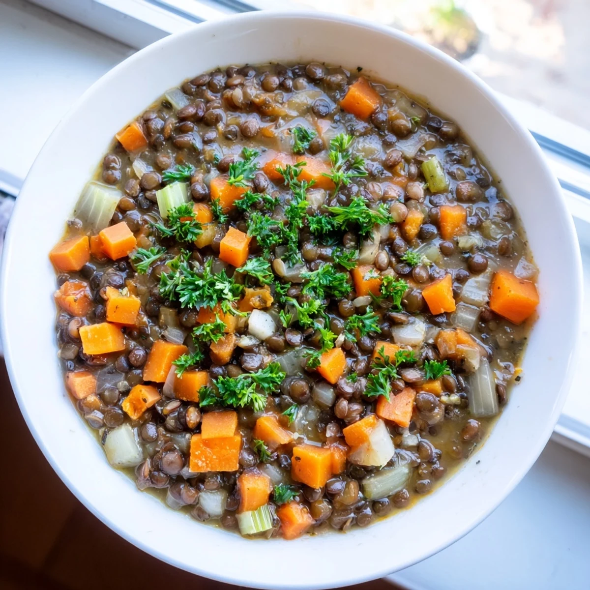A close-up shot of hearty Lentil Soup, loaded with tender vegetables, perfect for a cold evening.