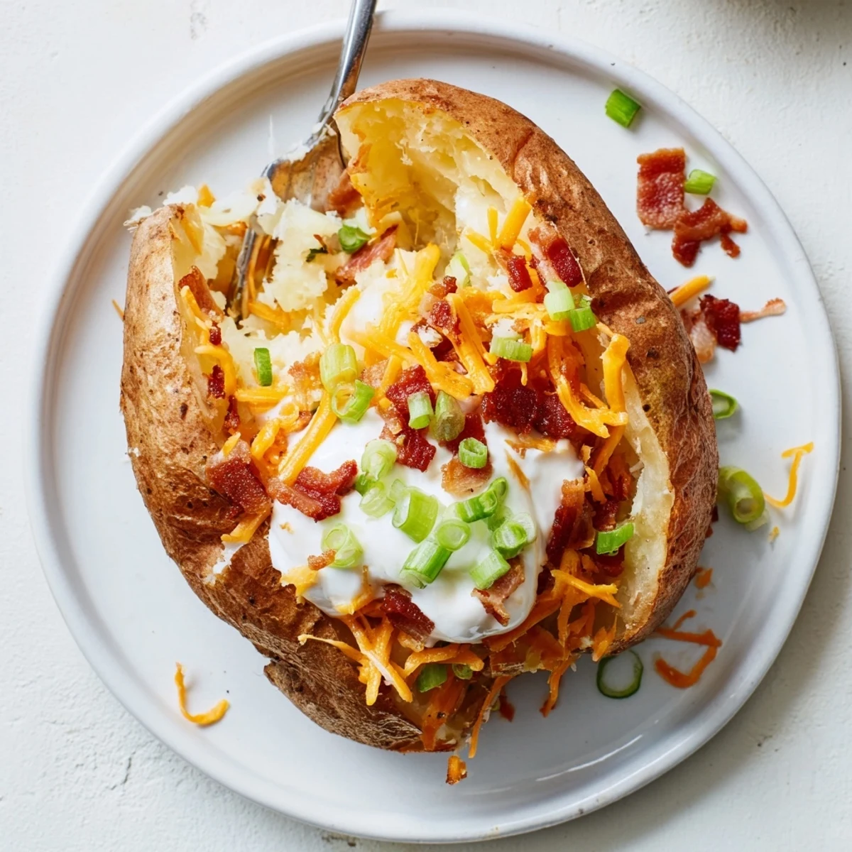 Steaming baked potato bar, loaded with cheddar, sour cream, and other affordable, fresh toppings, ready to serve.