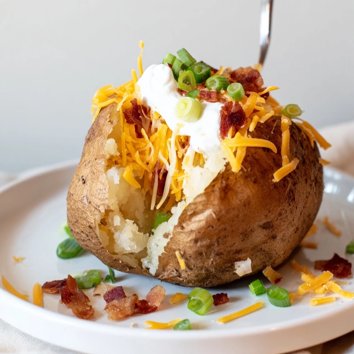 A hearty plate featuring a fully-loaded baked potato bar; fluffy potatoes with vibrant, colorful toppings.