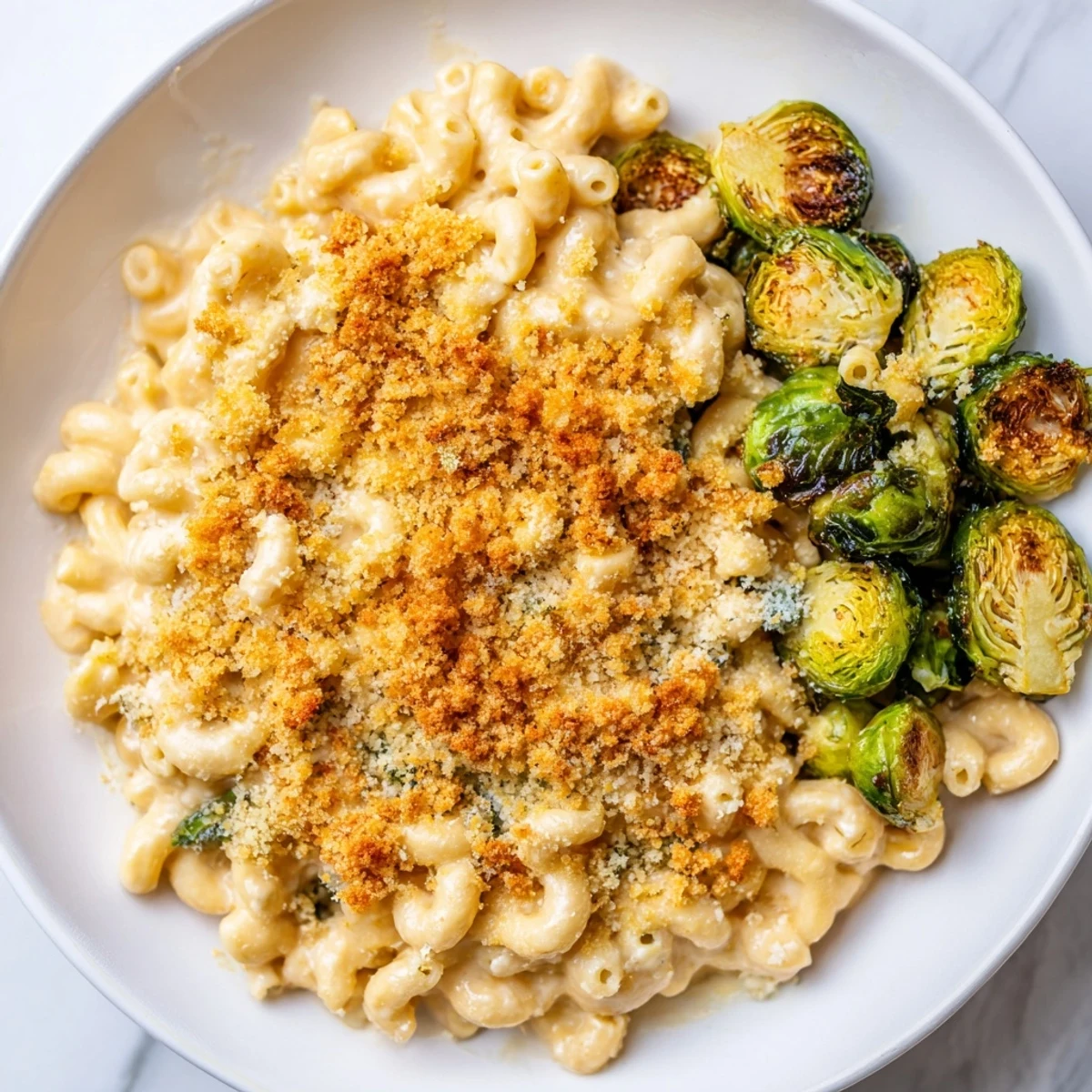 Freshly baked sheet pan mac and cheese, showcasing the creamy cheese sauce with crispy Brussels sprouts.