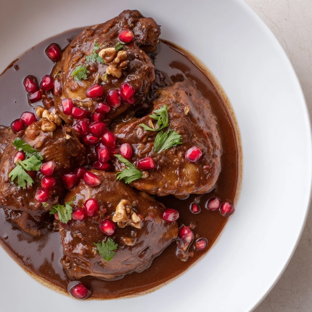 A steaming bowl showcasing the deep, glossy sauce of homemade pomegranate walnut Fesenjan stew, ready to enjoy.