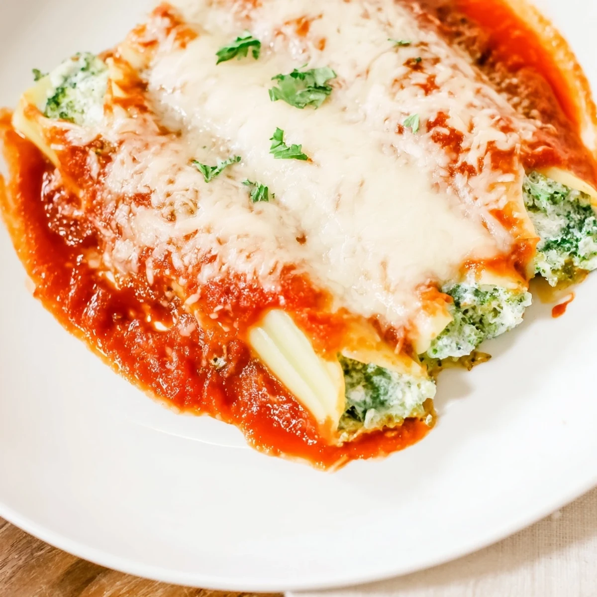 Cozy Broccoli Stuffed Manicotti bubbling hot from the oven, covered in melted cheese and rich tomato sauce.
