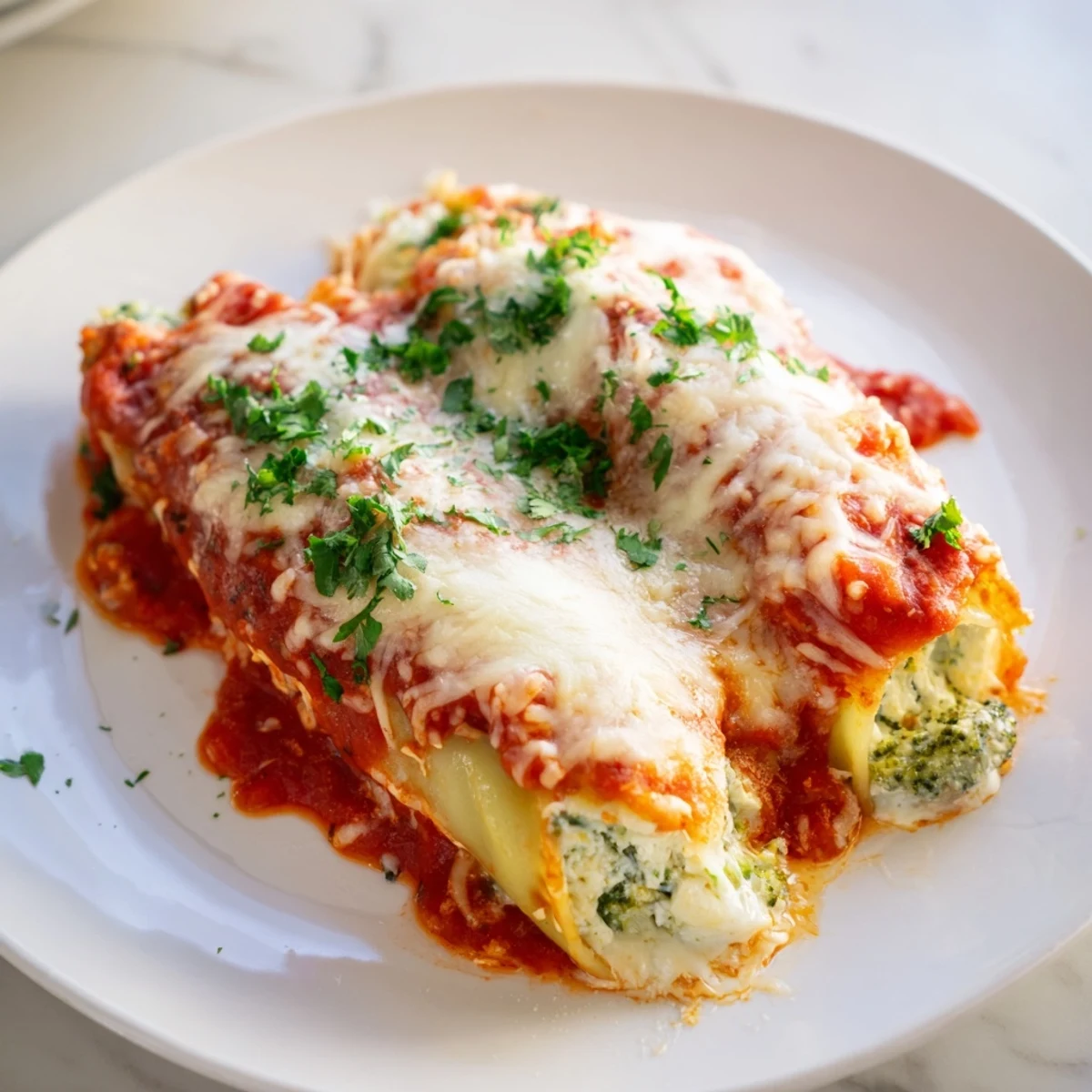 A close-up of steaming Cozy Broccoli Stuffed Manicotti, showing the creamy filling and golden crust.