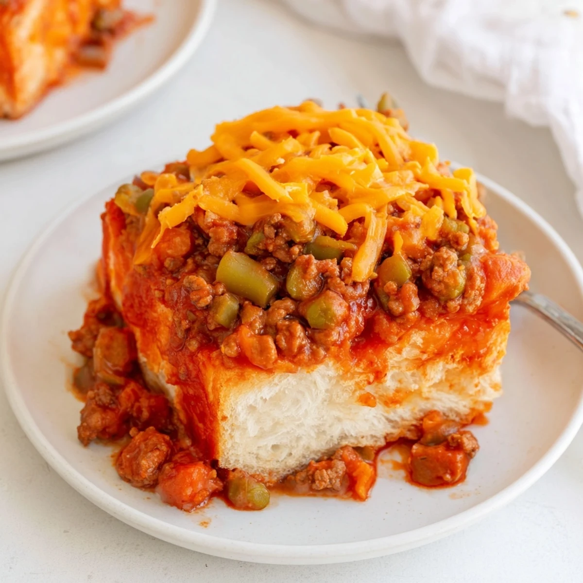 A close-up shot of the cheesy, savory 5-Ingredient Sloppy Joe Casserole, ready to be served.
