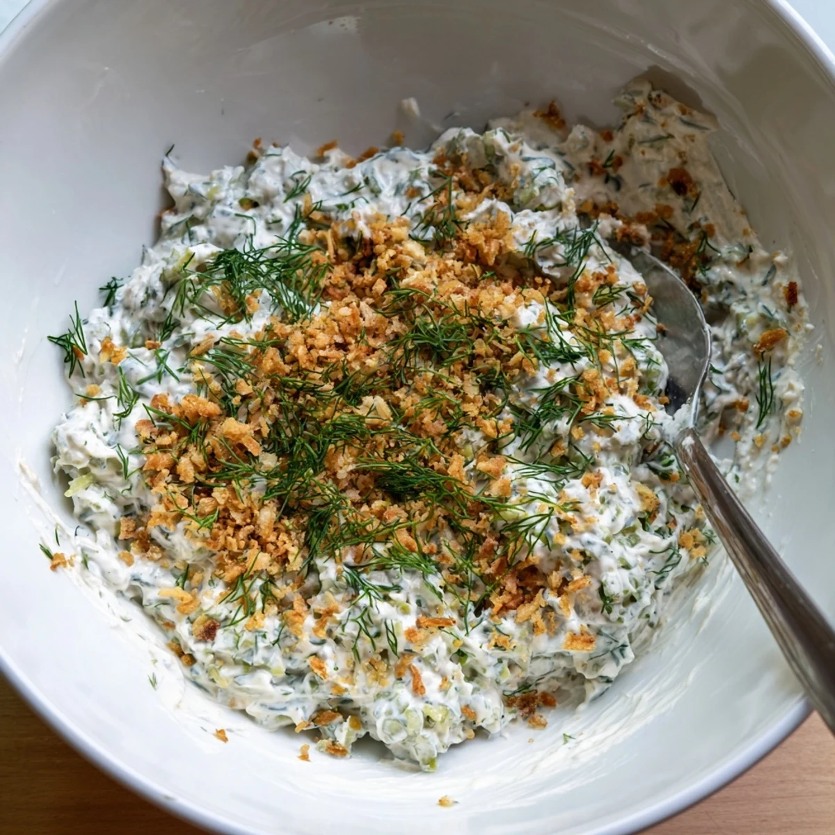 Creamy fried pickle dip with crunchy pickles and fresh dill, perfect for game day snacks.