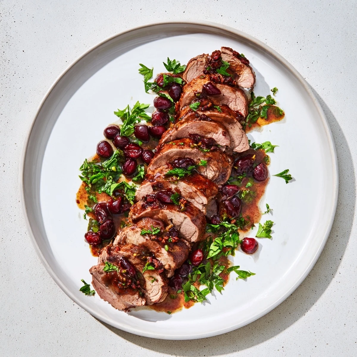 A close-up shot of perfectly cooked Tart Cherry Date Pork Tenderloin, ready for a delicious dinner.