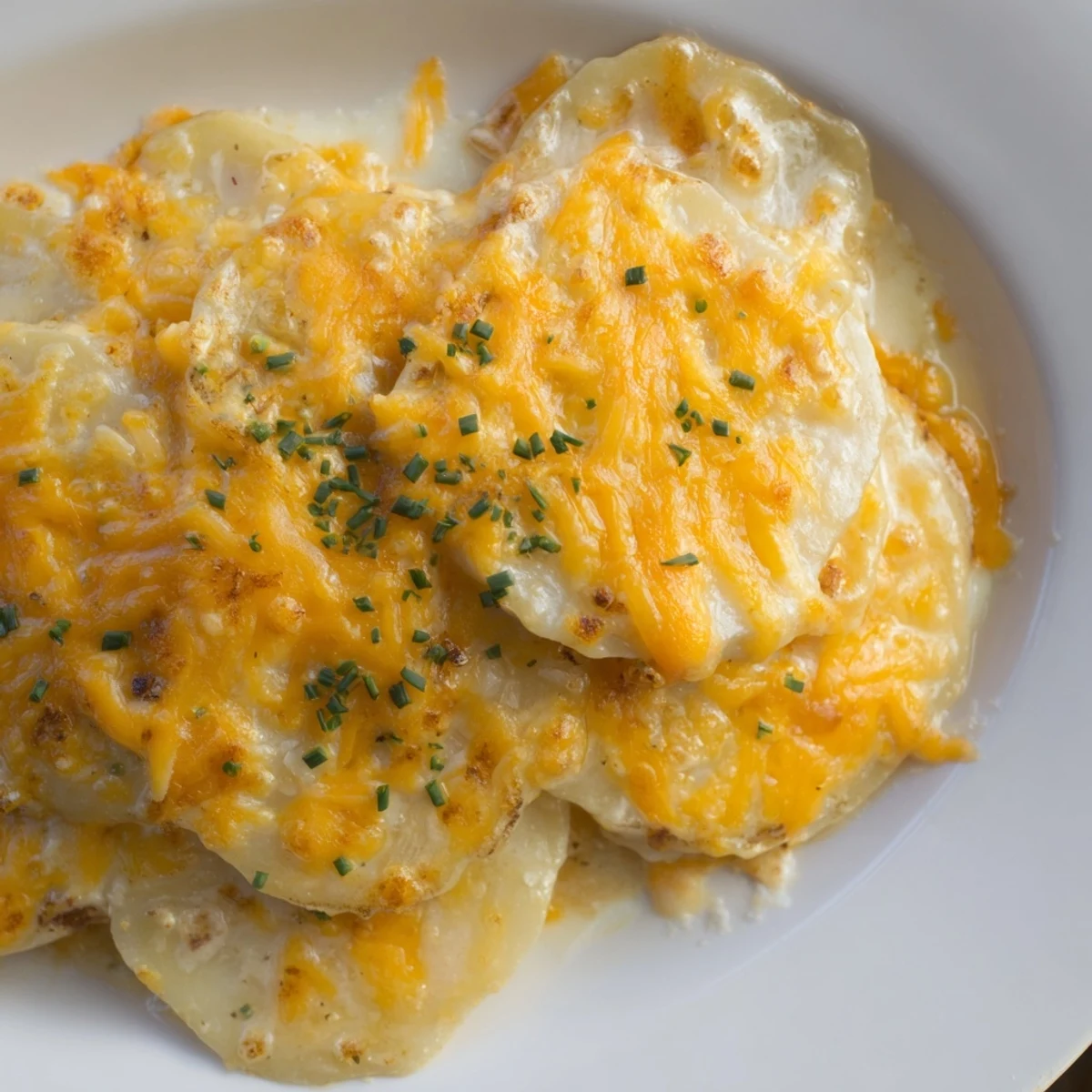 Creamy cheesy scalloped potatoes layered with melted cheese, promising a rich and satisfying Southern flavor.