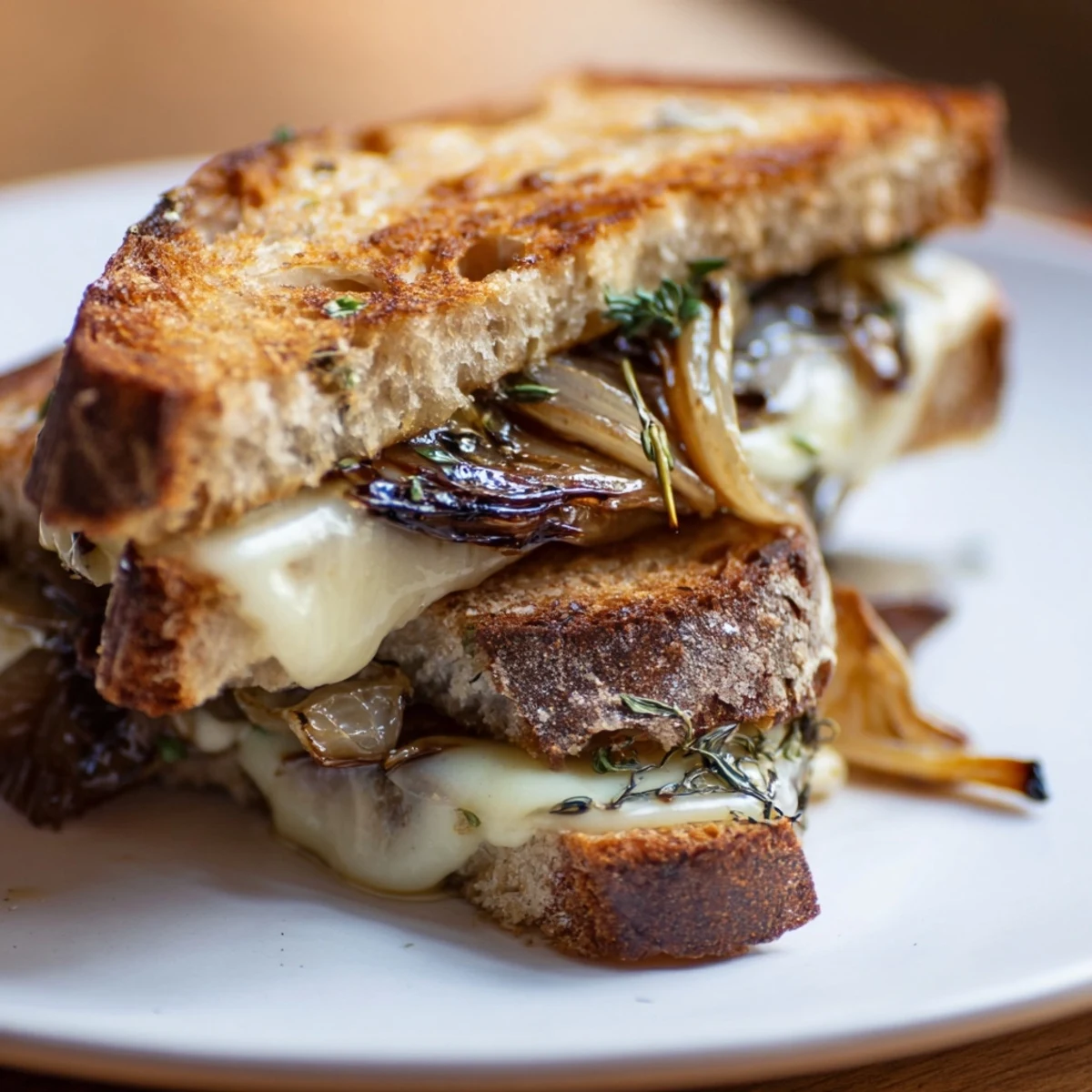 Golden-brown French Onion Grilled Cheese, oozing with melted Gruyère, and caramelized onions, ready for a delicious bite.