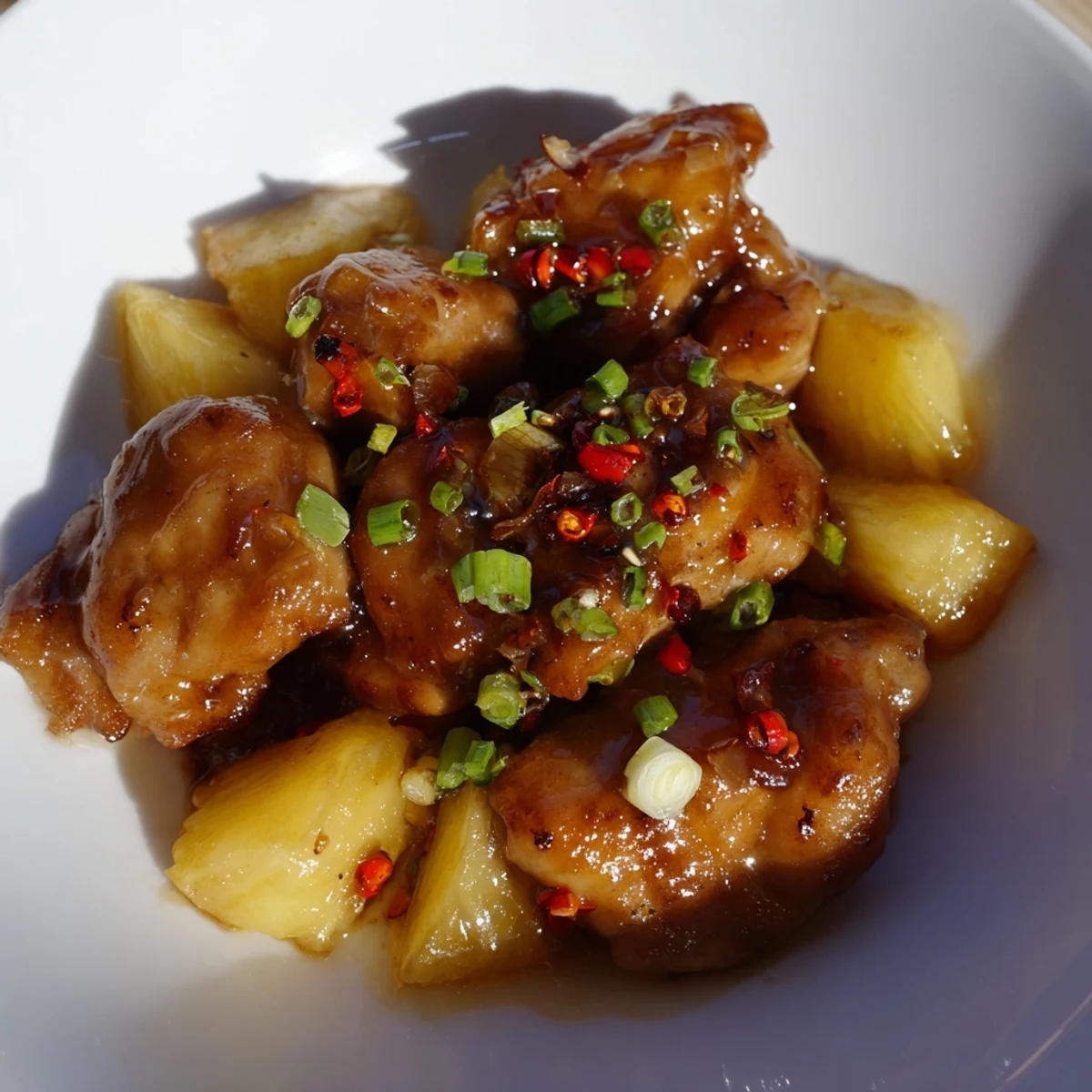 Golden-brown brown sugar pineapple chicken glistening in a baking dish, ready to serve with rice.