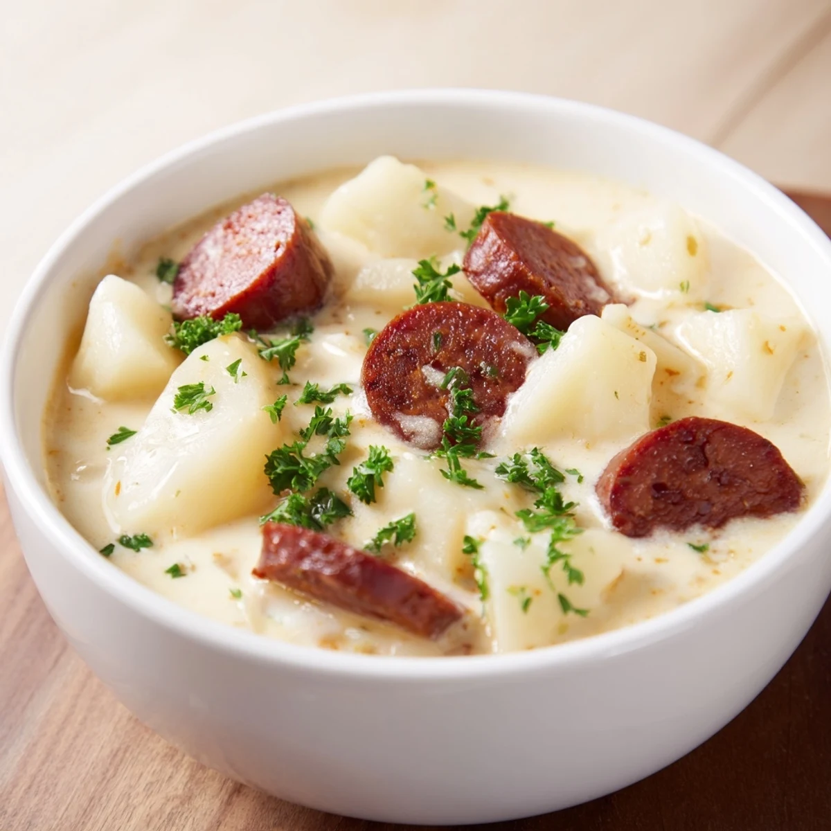 Creamy Chorizo Potato Soup: steaming bowl of hearty soup, garnished with parsley, ready to eat.