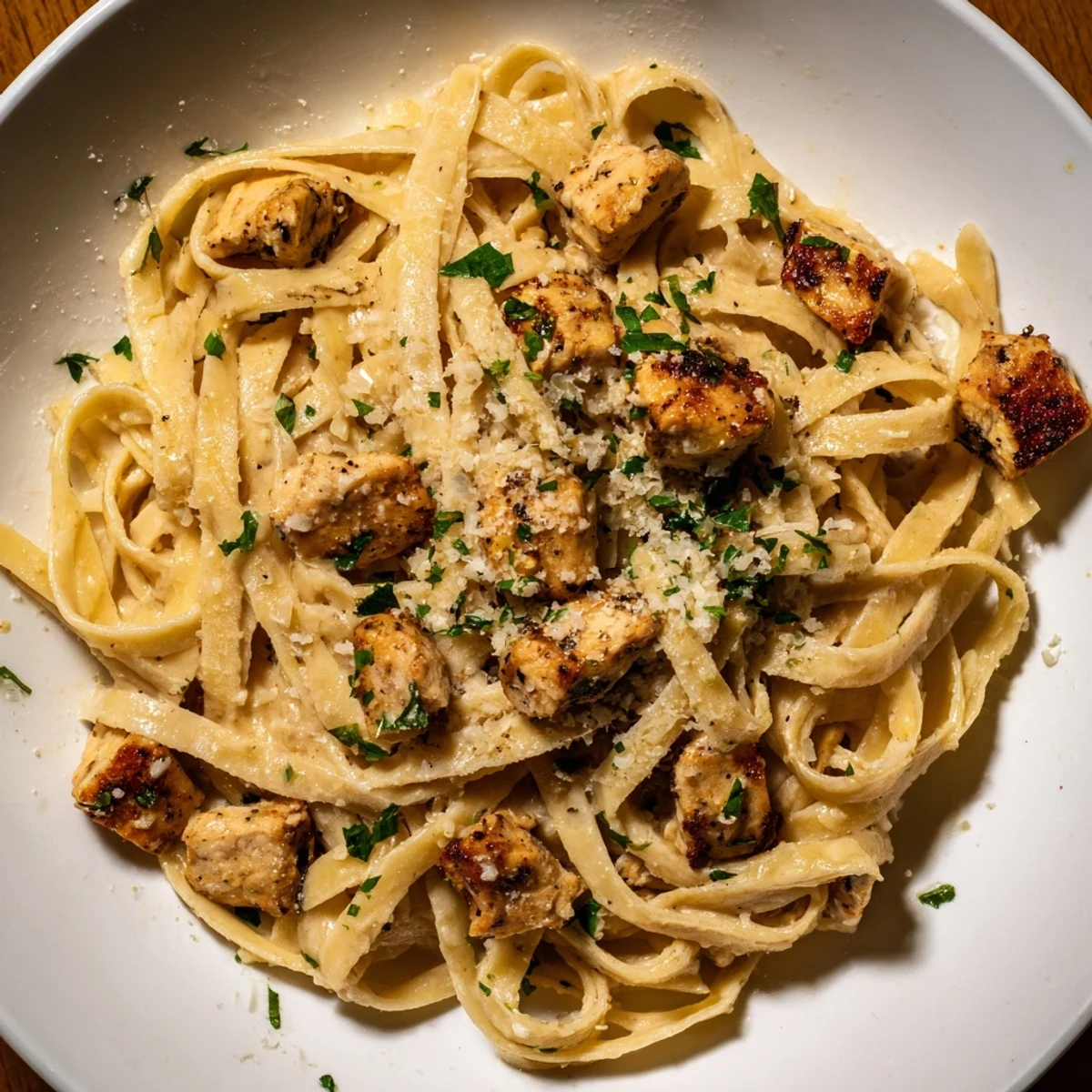 Creamy, spicy Cowboy Butter Chicken Pasta: a close-up shows perfectly cooked chicken in rich sauce.