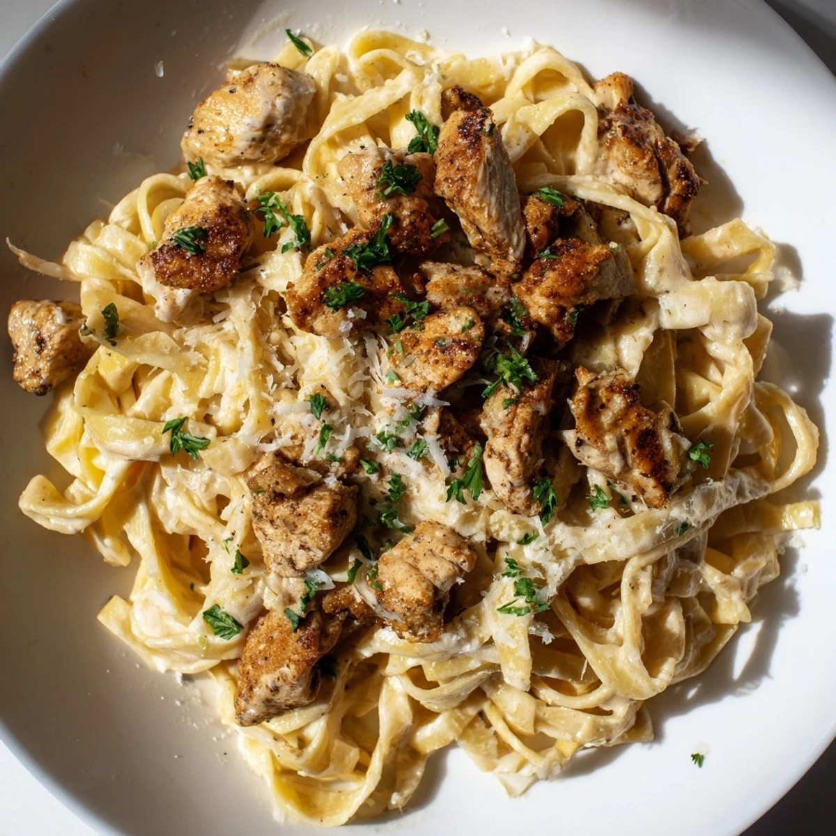 A vibrant bowl of Cowboy Butter Chicken Pasta, with parsley garnish, promises a delicious, cheesy bite.