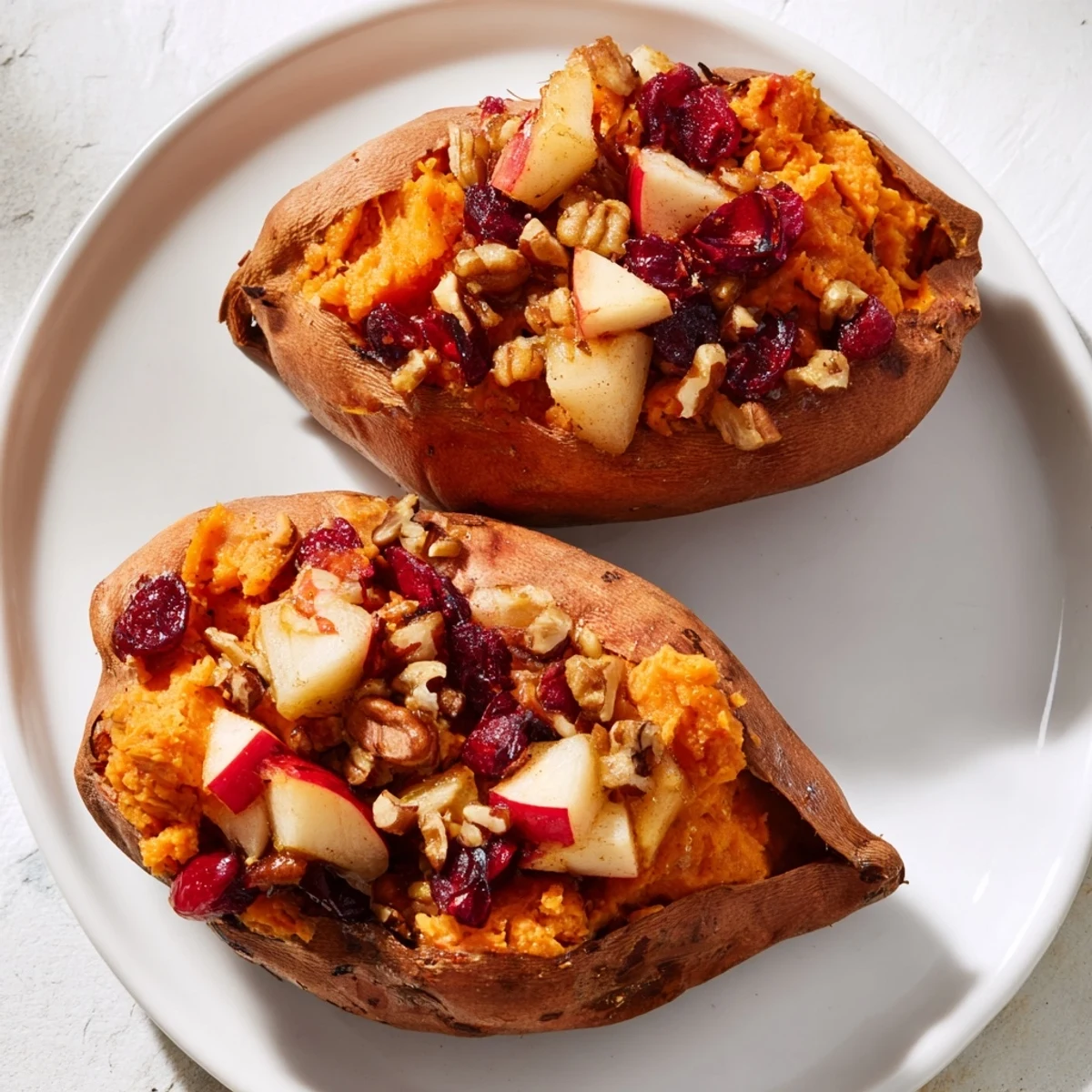 Golden-brown Cranberry Apple Twice-Baked Sweet Potatoes, bursting with fall flavors and topped with pecans.