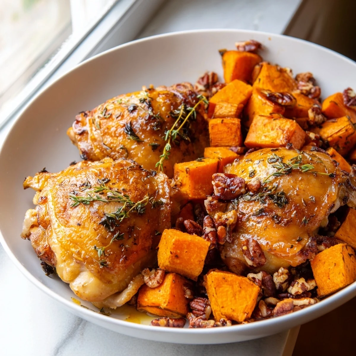 Savory maple glazed chicken thighs and sweetly caramelized sweet potatoes, a flavorful one-pan meal.