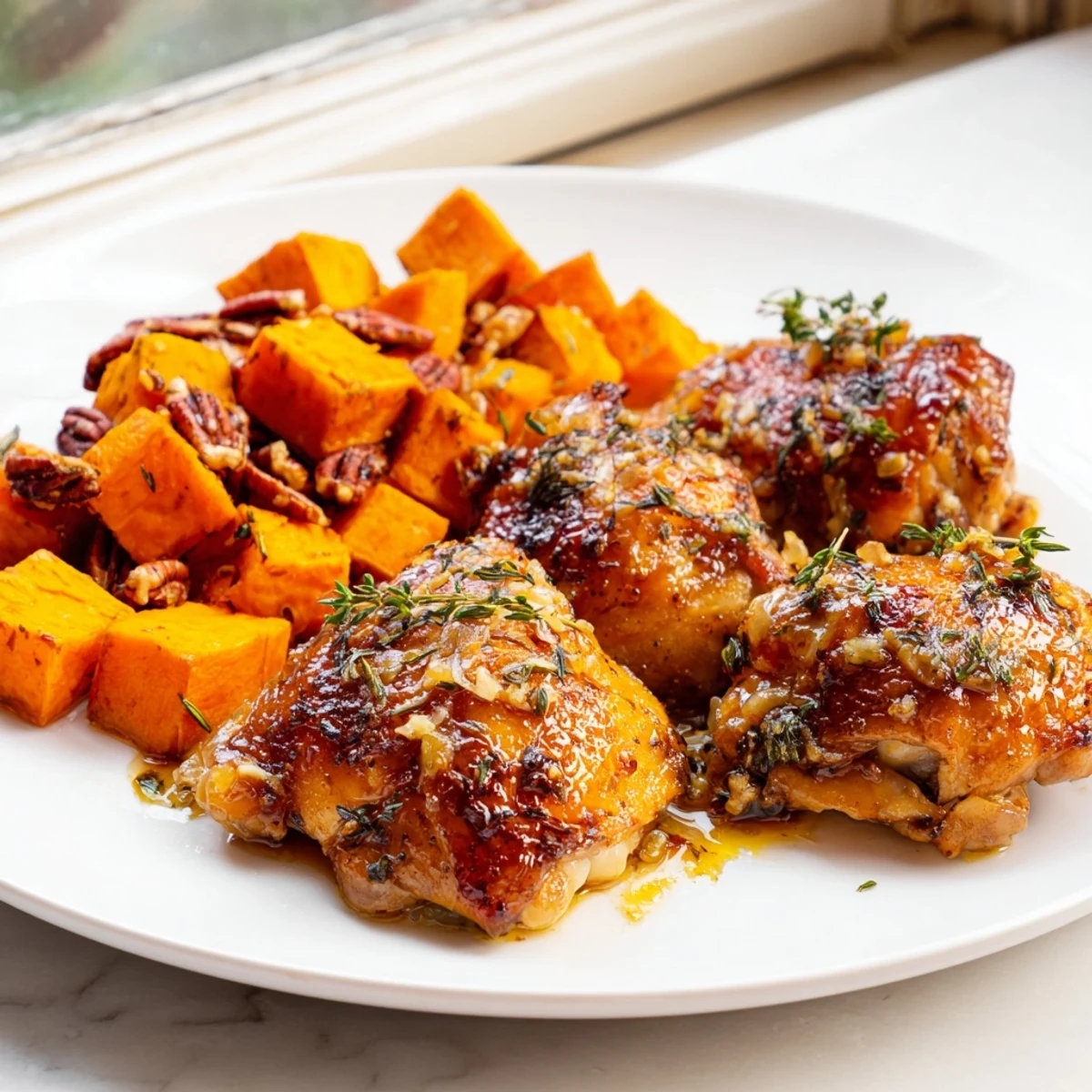 Enjoy fall flavors with this vibrant image of delicious maple glazed chicken and roasted sweet potatoes.
