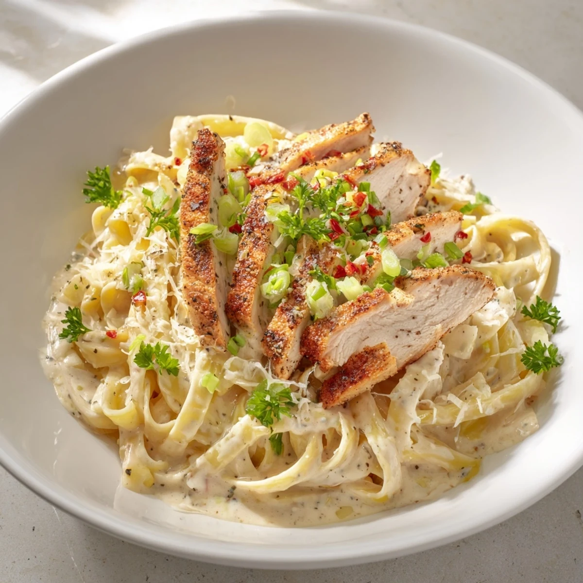 Tender chicken with spicy flavors tops the Southern Style Creamy Parmesan Chicken Pasta, a comforting dish.