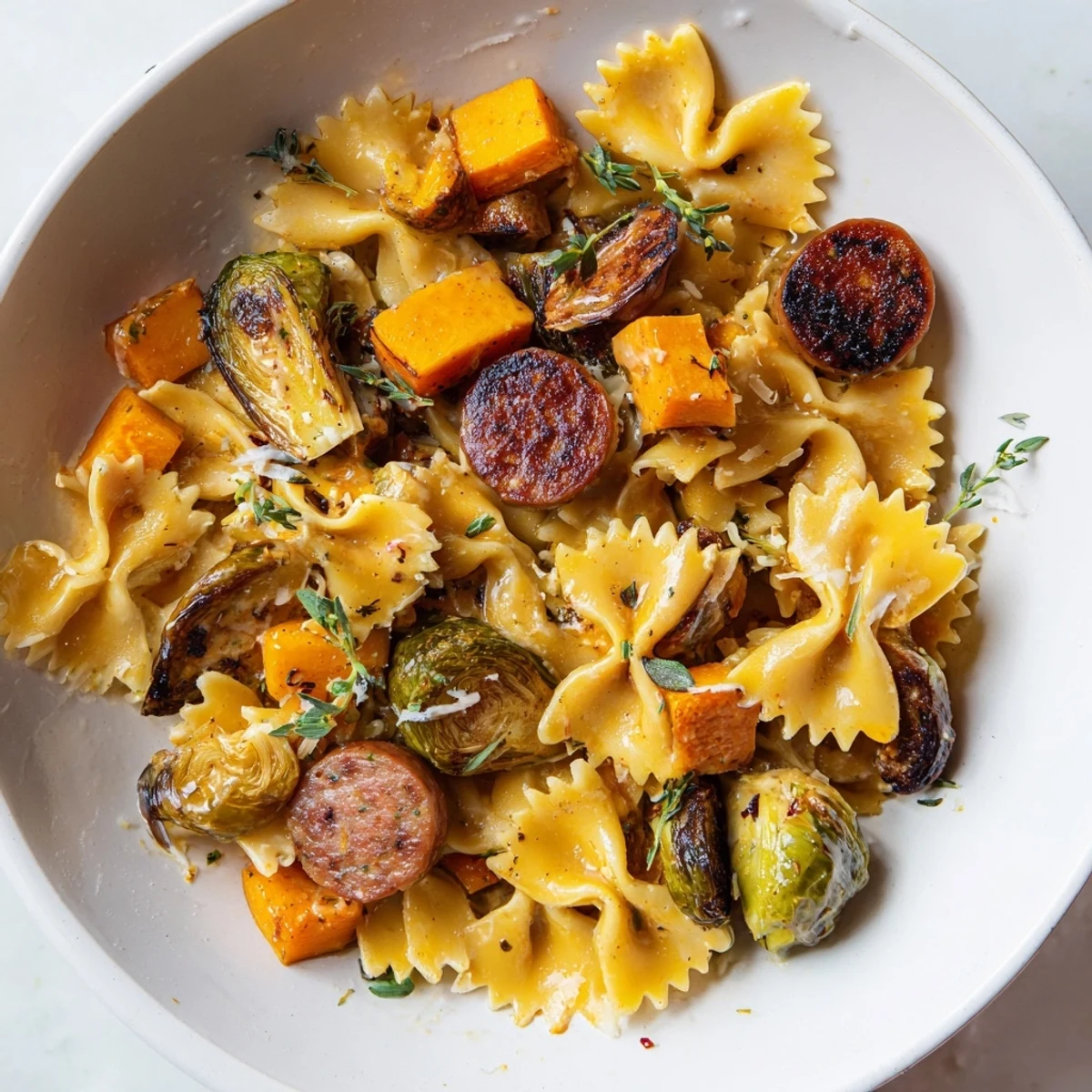 Golden roasted butternut squash and sausage tops this Autumn Sausage Pasta Squash dish.