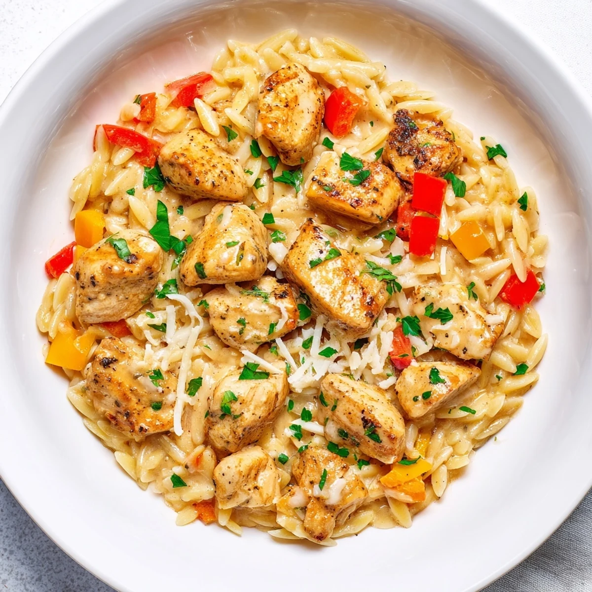 One-Pot Cajun Chicken Alfredo Orzo, a creamy skillet of saucy pasta and tender chicken.