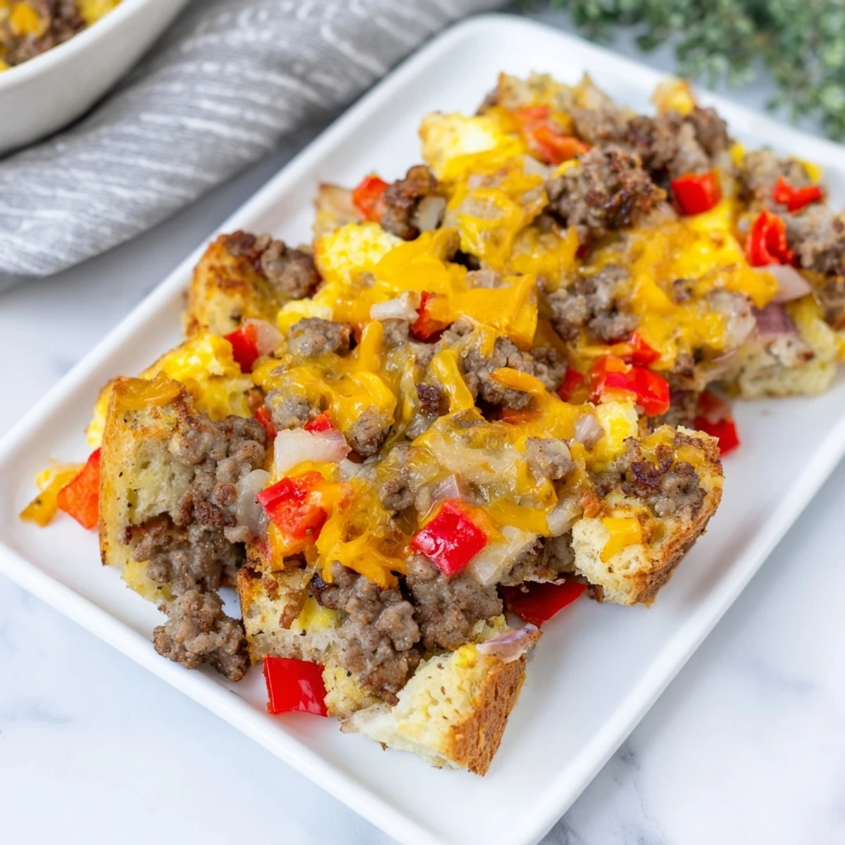 A close-up of a flavorful Lightning-Fast Breakfast Sausage Casserole with visible sausage and eggs.