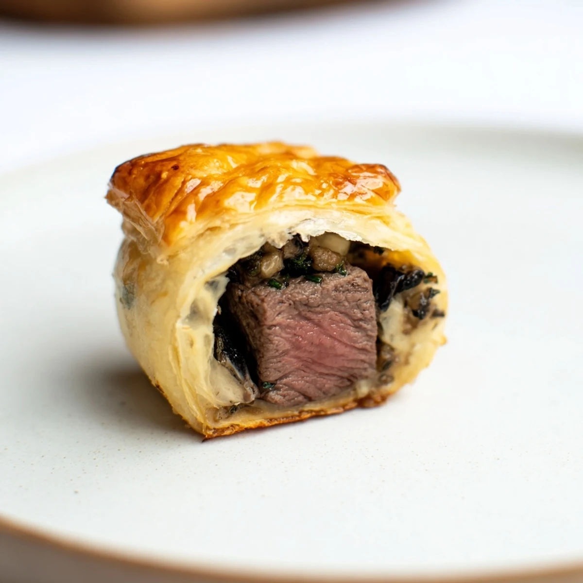 Close-up of baked Christmas Beef Wellington Bites, featuring tender beef wrapped in perfect golden pastry crusts.