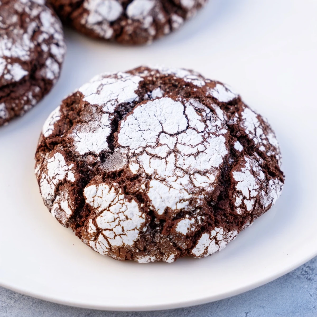 Delicious air-fried chocolate crinkle cookies, crackled and dusted with powdered sugar, ready to eat.