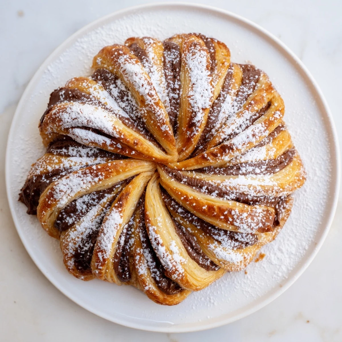 Golden, flaky Express Nutella Puff Pastry Snowflakes, dusted with powdered sugar, ready to be enjoyed.