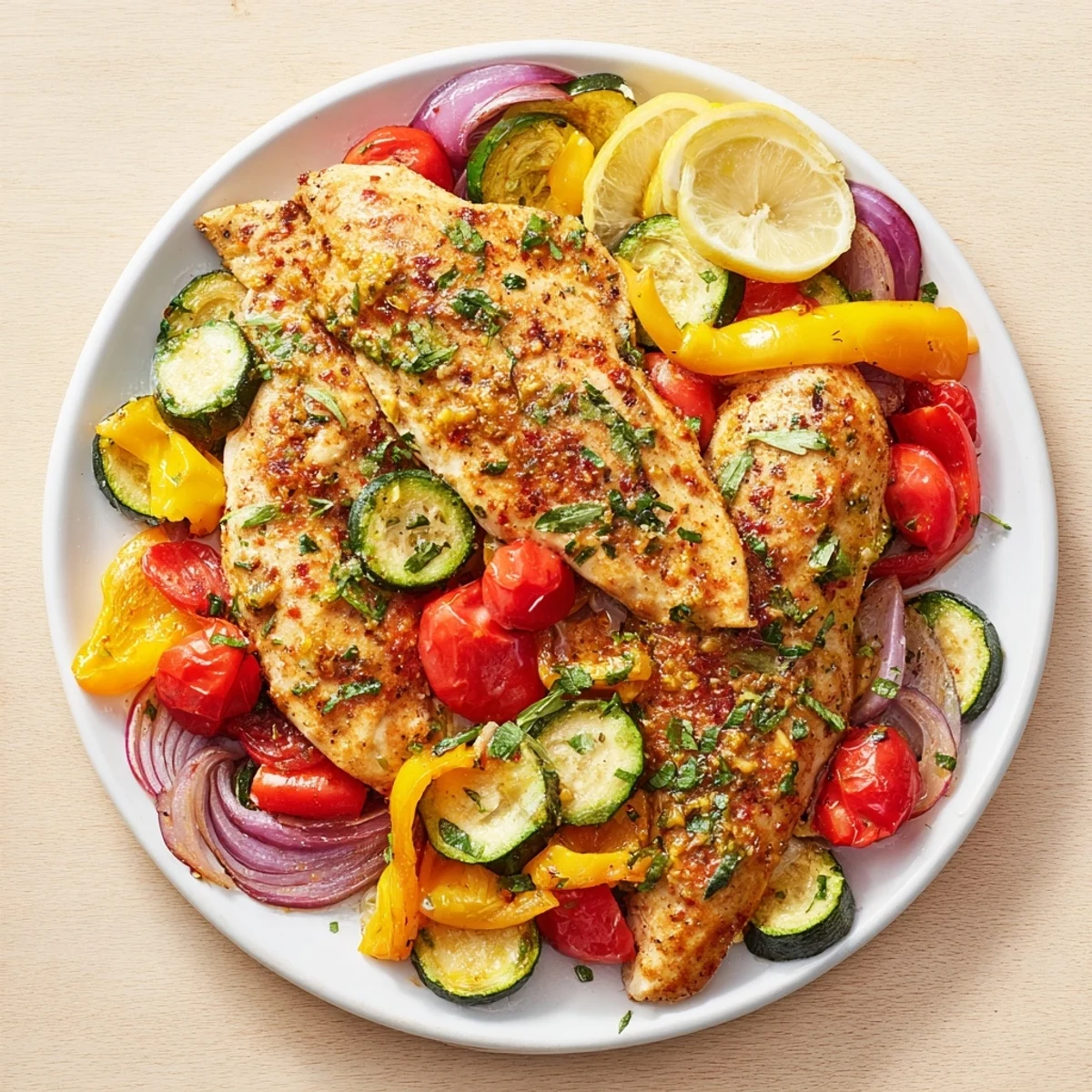 Sheet Pan Lemon Oregano Chicken Cutlets: roasted chicken and colorful vegetables, a flavorful Mediterranean dinner.