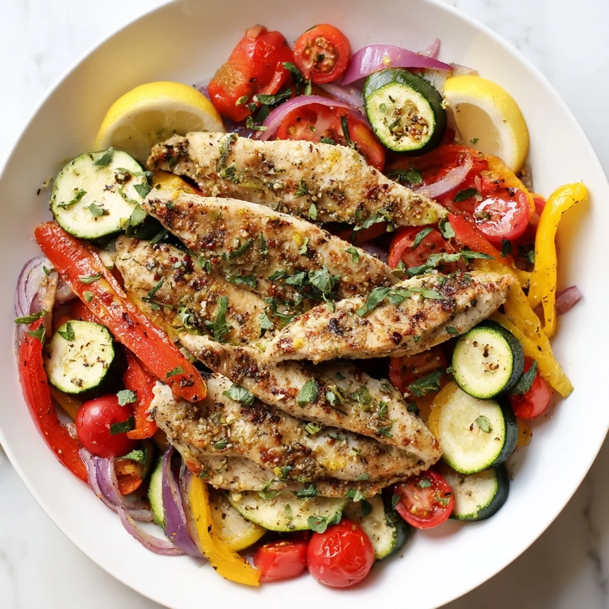 Vibrant sheet pan featuring Sheet Pan Lemon Oregano Chicken Cutlets, juicy cutlets with roasted bell peppers and onions.