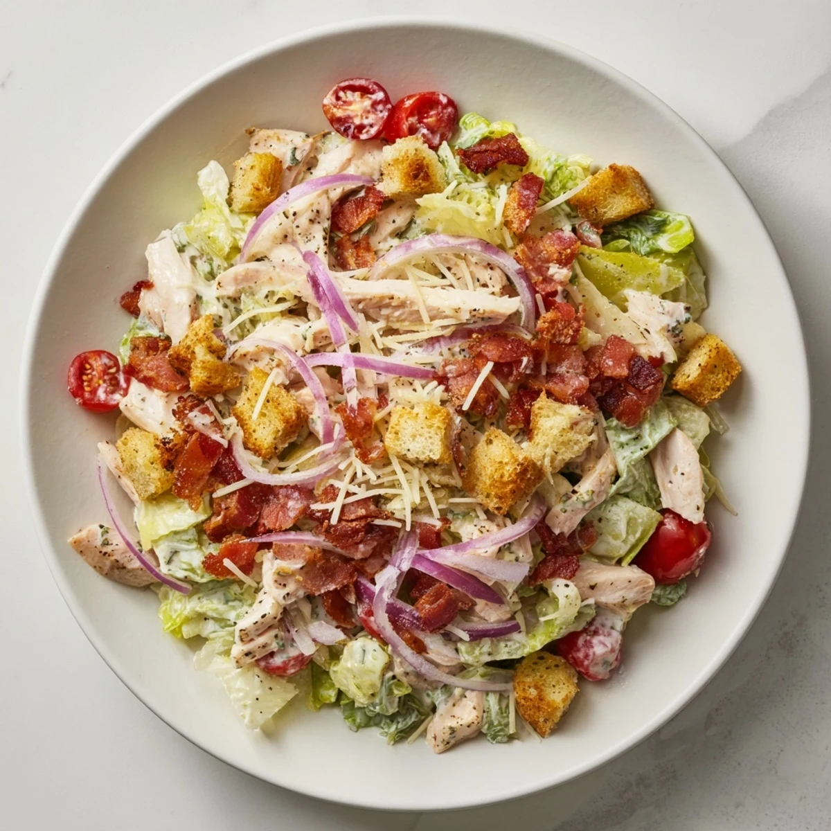 This loaded Costco Chicken Bake Salad Bowl presents a delicious combination of greens, cheese, and crunchy toppings.