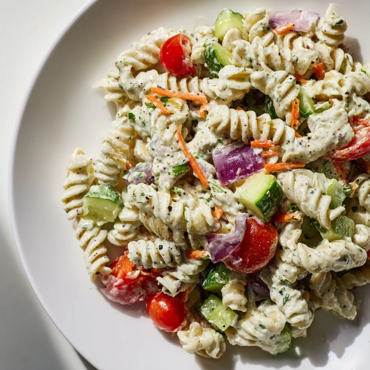 Vibrant Vegan Hemp Seed Ranch Pasta Salad, loaded with fresh veggies and creamy dressing, perfect picnic food.