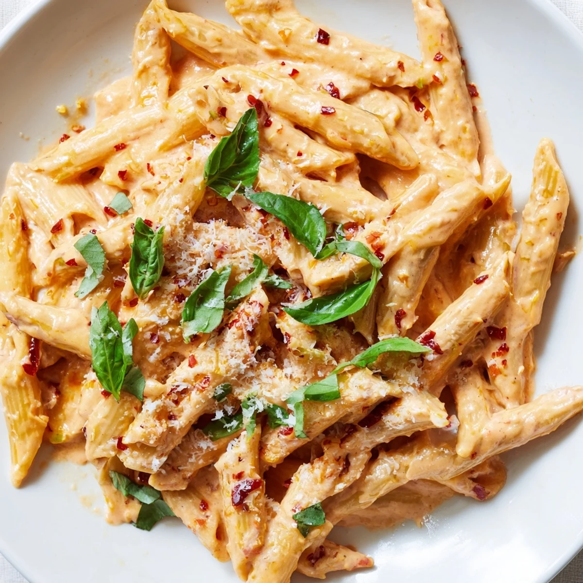 Close-up of freshly made Sun-Dried Tomato & Cottage Cheese Pasta Sauce, glistening, ready for serving.