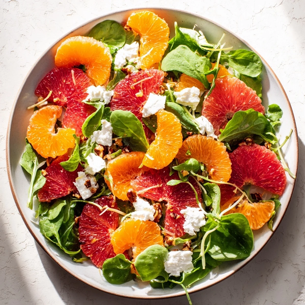 Winter Citrus & Candied Pecan Salad, showcasing vibrant citrus slices and crunchy candied pecans over mixed greens.