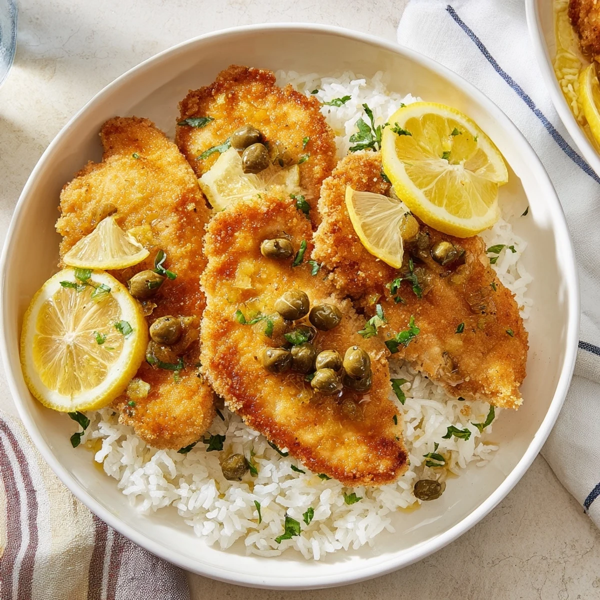 Express Chicken Piccata Rice Bowl: golden, pan-seared chicken glistening in a rich, lemon-caper piccata sauce.