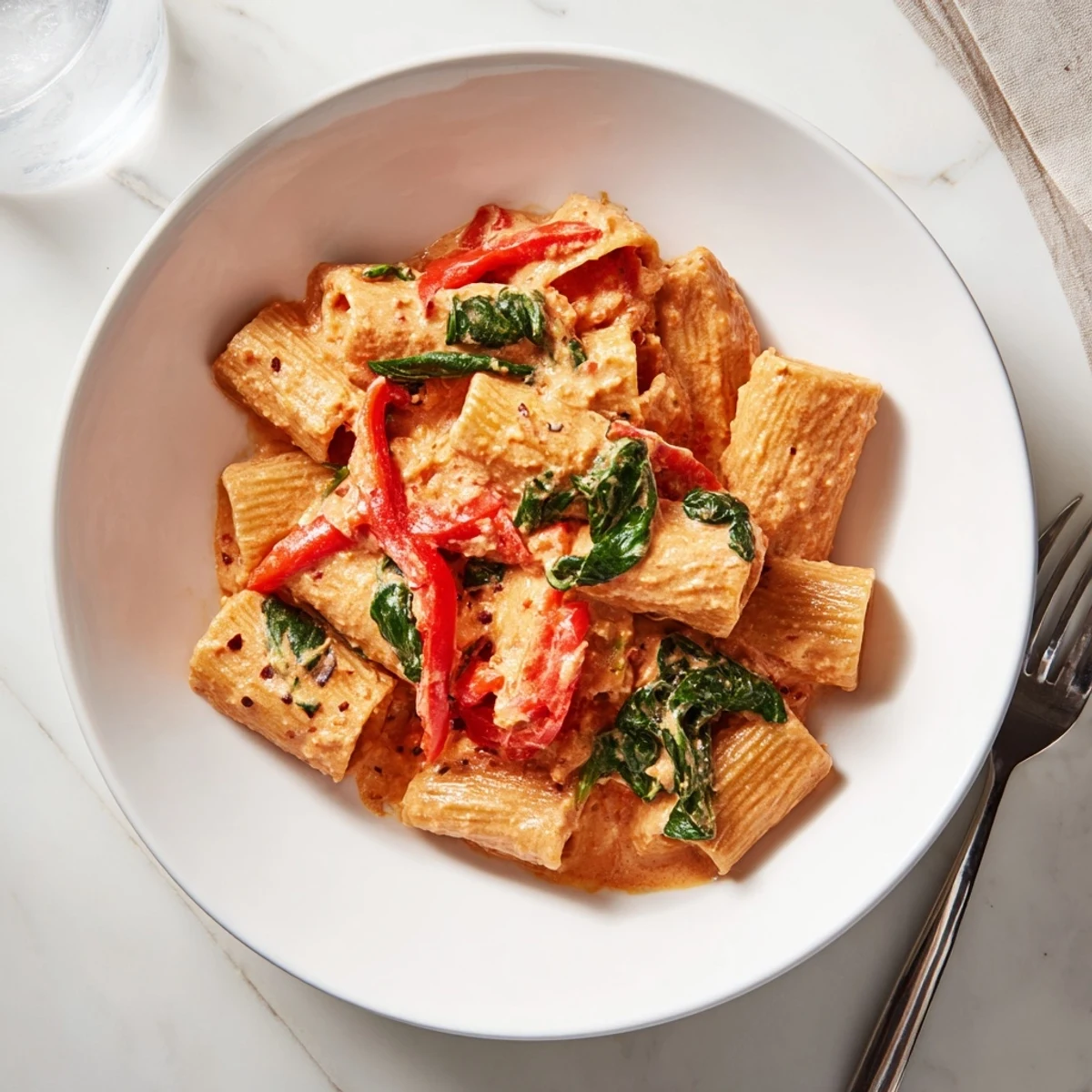 Christmas Pasta with Rosé Vodka sauce, vibrant red peppers and green spinach.
