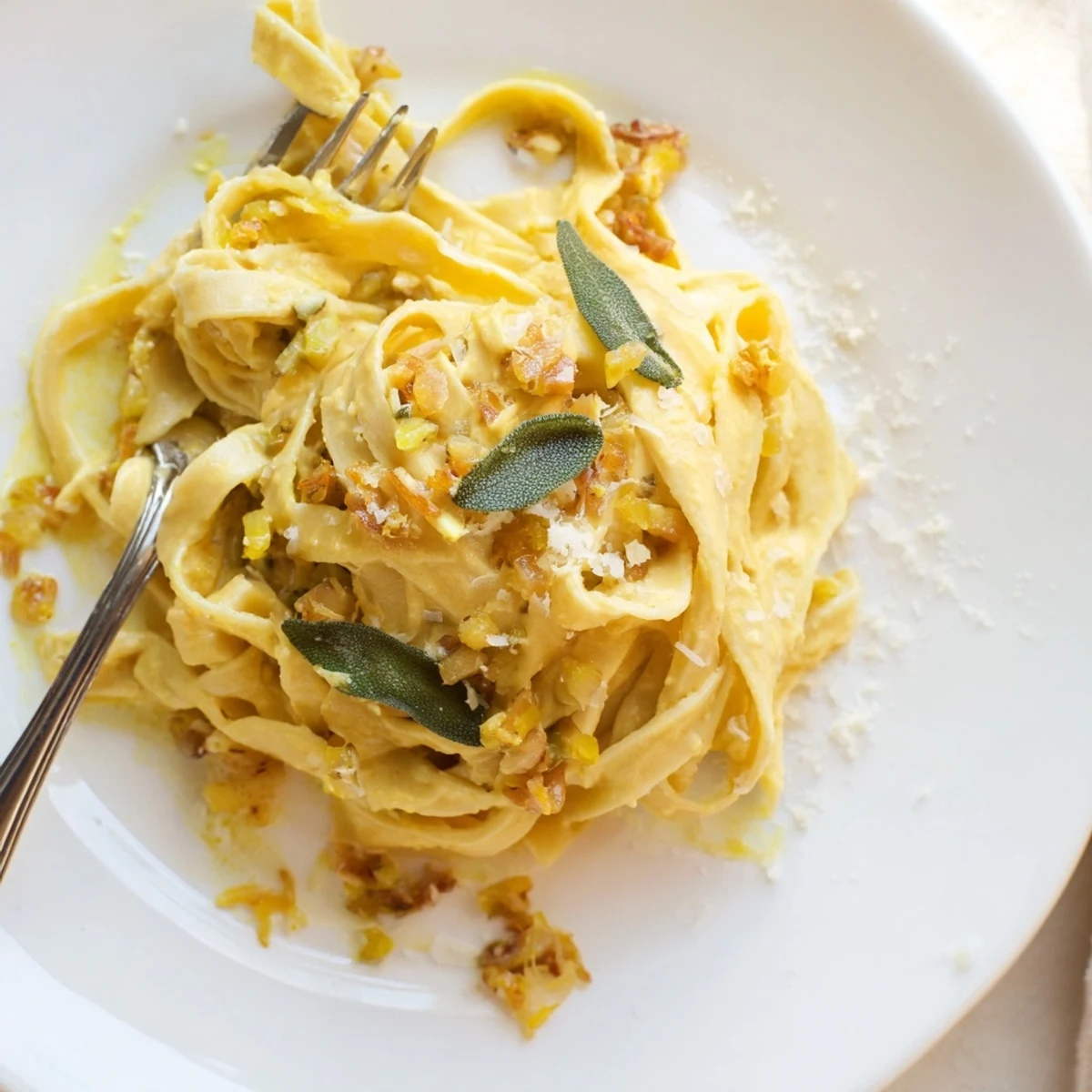 This Healthy Creamy Pumpkin Sage Holiday Pasta features delicious whole wheat noodles tossed in creamy pumpkin sauce.
